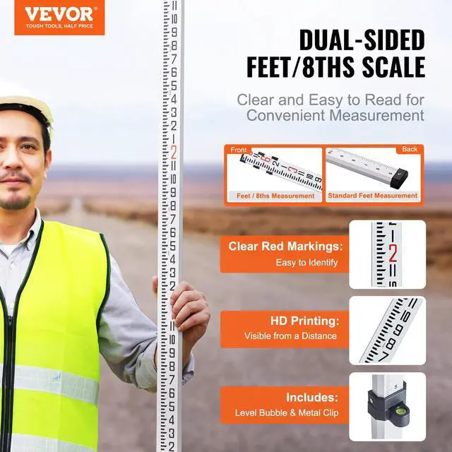Alt view image 2 of 7 - Aluminum Grade Telescopic Measuring Rod, 9-Feet 3 Sections, Double-Sided 1/8in Leveling Rod with Bubble Level & Carrying Bag for Houses, Walls, Floors