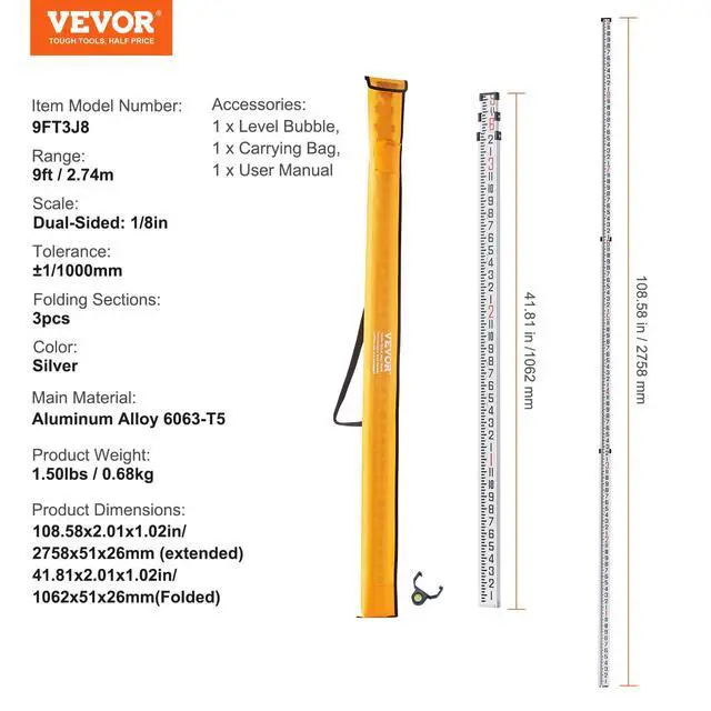 Alt view image 7 of 7 - Aluminum Grade Telescopic Measuring Rod, 9-Feet 3 Sections, Double-Sided 1/8in Leveling Rod with Bubble Level & Carrying Bag for Houses, Walls, Floors