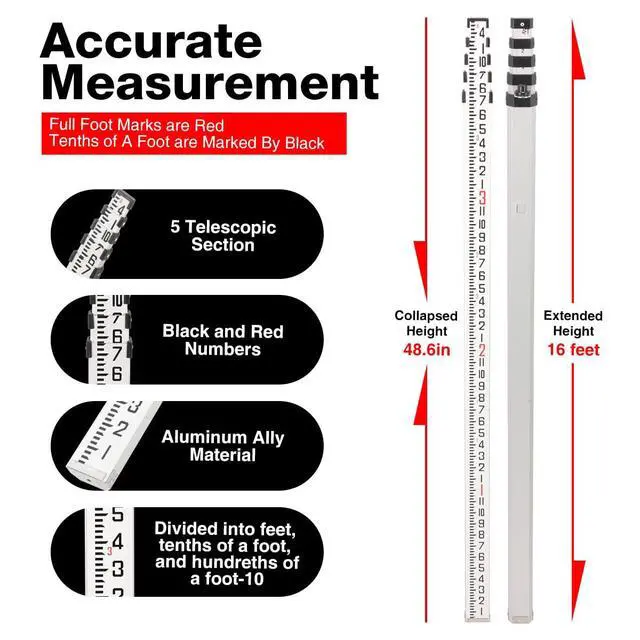Alt view image 2 of 7 - 16ft Aluminum Grade Rod with Bubble Level - 5-Stage Telescopic Survey Rod, Double-Sided Scale & Carrying Case Included - Grade Stick for Laser Level, Measuring Stick, Survey Pole
