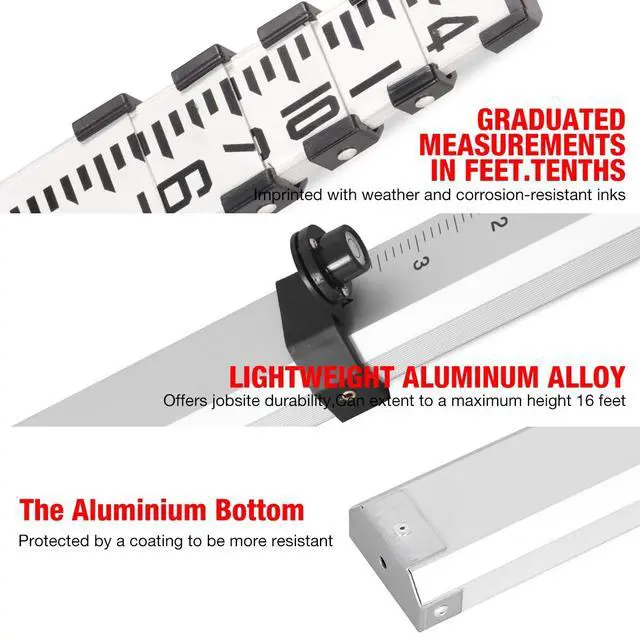 Alt view image 3 of 7 - 16ft Aluminum Grade Rod with Bubble Level - 5-Stage Telescopic Survey Rod, Double-Sided Scale & Carrying Case Included - Grade Stick for Laser Level, Measuring Stick, Survey Pole