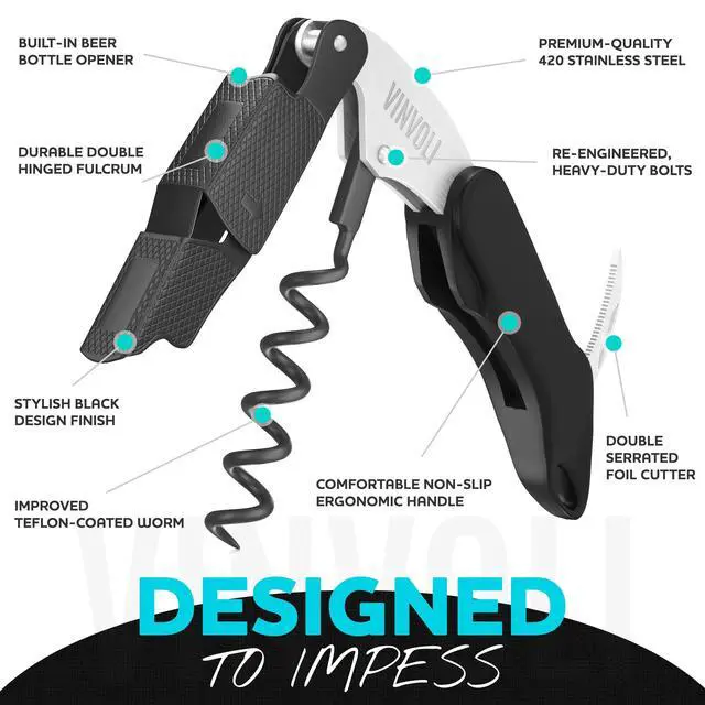 Alt view image 3 of 6 - Professional Waiters Corkscrew - Multi-Functional 3-in-1 Cork Screw Bottle Opener - Wine Key With Wine Foil Cutter