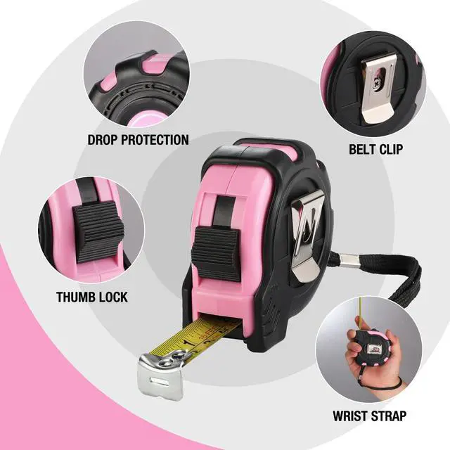 Alt view image 2 of 7 - 16FT Pink Tape Measure, Inch/Metric Easy Read Measuring Tape, Retractable Lightweight Measurement Tape Accuracy 1/32, 1mm for Engineer,with Thumb Lock, Belt Clip, Rubber Protective Casing