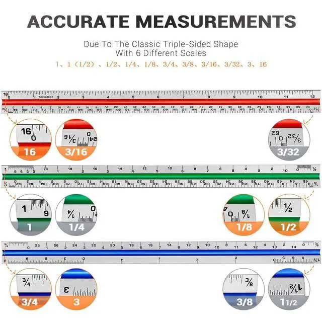 Alt view image 3 of 7 - 12" Architectural Scale Ruler Triangular Ruler, Color-Coded, 1 Pack