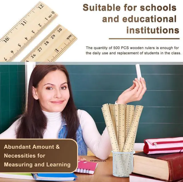 Alt view image 6 of 6 - 100 Pcs Wooden Ruler Bulk Wood Measuring Ruler Office 2 Scale for School Education Families Kids Students (12 Inch)