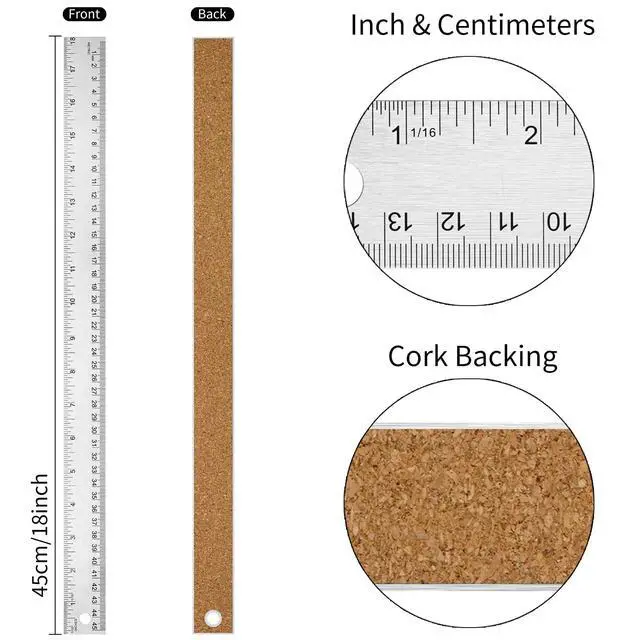 Alt view image 2 of 7 - Metal Ruler with Cork Backing, 18 Inch Stainless Steel Rulers 18 inch Metal Ruler - Imperial and Metric - Non-Slip Prevent Ink Leakage - for School Office Engineering Tools
