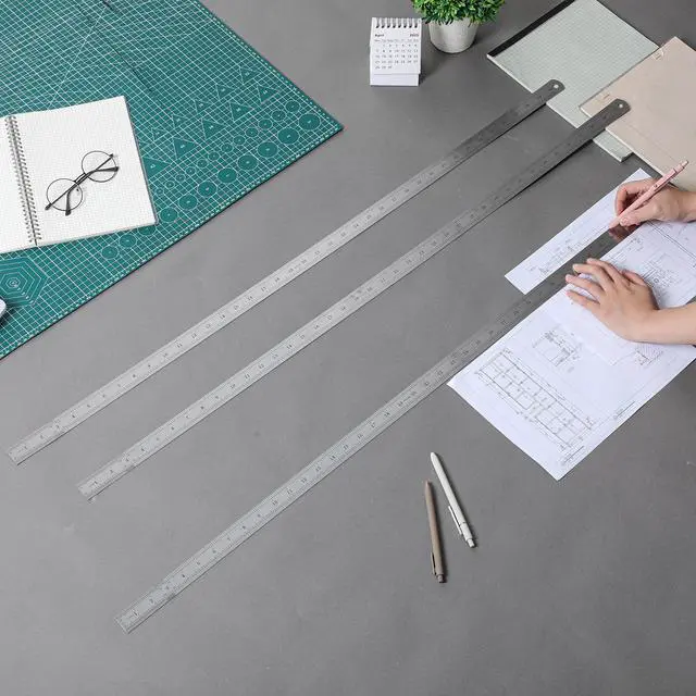 Alt view image 4 of 7 - 3 Pack 40 Inch Stainless Steel Rulers, Metal Rulers Imperial & Metric Graduations for Precision Measuring Meter Yard Stick for Construction Drafting Woodworking