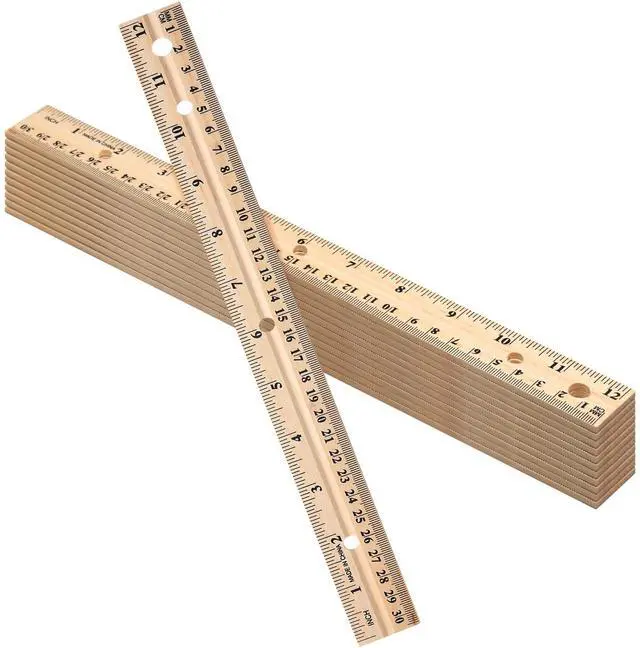 Main image of 12 Pack 12 Pack Wooden Ruler Gifts 12 Inch (30cm) Bulk Wood Measuring Ruler Straight Metal Edge with 4 Holes for Teacher School Office Drafting Classroom Supplies, 2 Scale