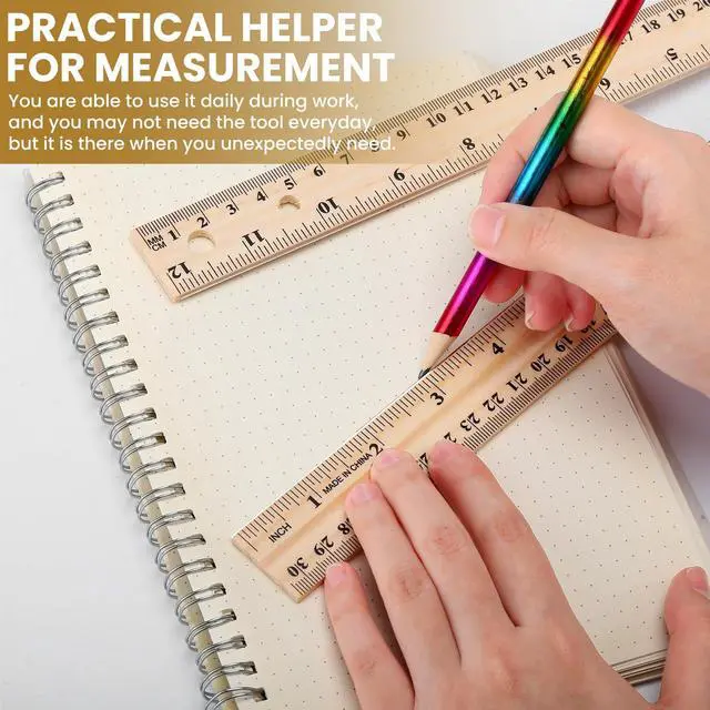 Alt view image 6 of 7 - 12 Pack 12 Pack Wooden Ruler Gifts 12 Inch (30cm) Bulk Wood Measuring Ruler Straight Metal Edge with 4 Holes for Teacher School Office Drafting Classroom Supplies, 2 Scale