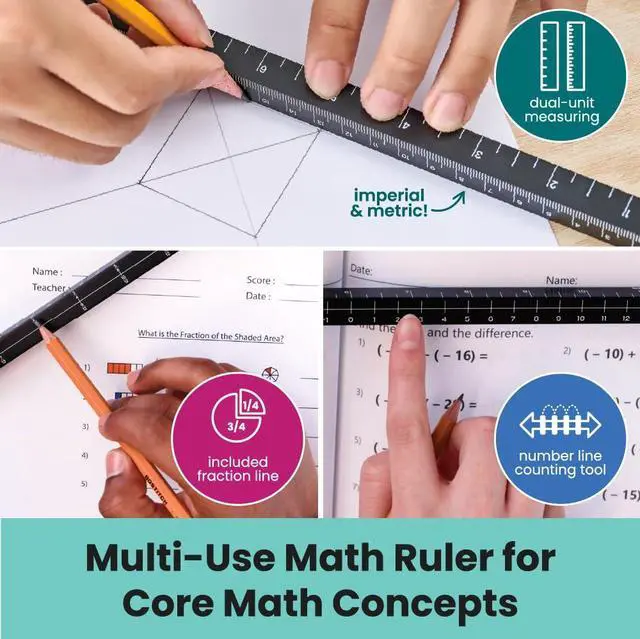 Alt view image 2 of 7 - MeasureMate Learning Ruler, Four-Sided Math Tool for Students, Teaching Number Lines, Fraction Line, with Metric and Imperial, Black, 2-Pack