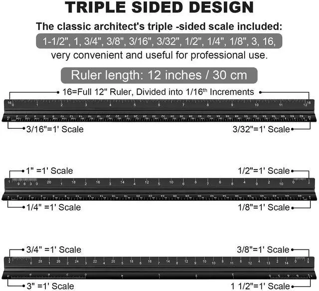 Alt view image 2 of 6 - Architectural Scale Ruler Set, 2 Pack 12 Inch Aluminum Architect Ruler with Standard Metal Ruler, Imperial Architect Triangular Ruler with Etching for Architects, Engineers, Students and Draftsman