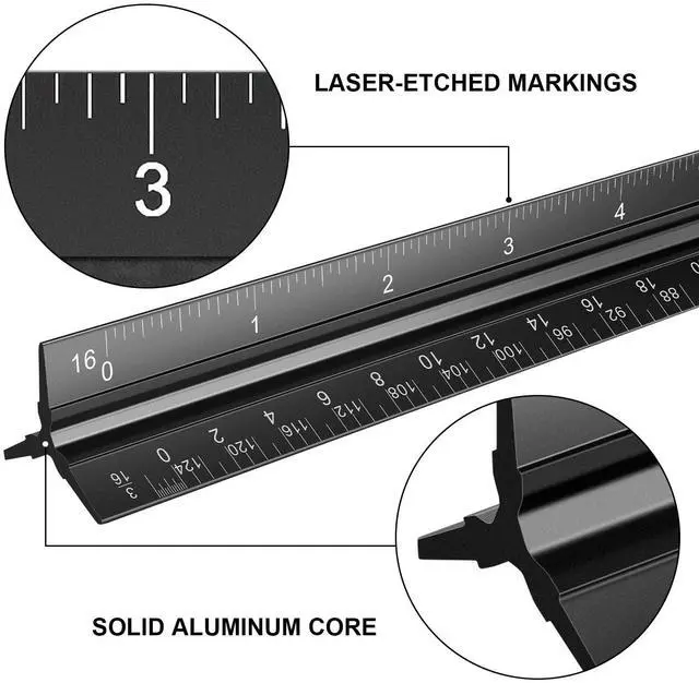 Alt view image 3 of 6 - Architectural Scale Ruler Set, 2 Pack 12 Inch Aluminum Architect Ruler with Standard Metal Ruler, Imperial Architect Triangular Ruler with Etching for Architects, Engineers, Students and Draftsman