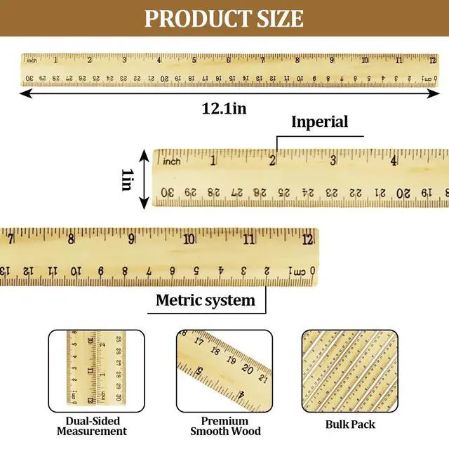 Alt view image 2 of 6 - Wooden Ruler 12 Inch Bulk Dual-Sided Inches & Metric Measuring Stick for Classroom, Office, School for Teachers, Students, Artists (12 Pack)