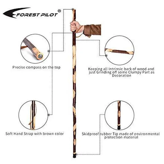 Alt view image 2 of 6 - Bark-Keeping Clumpy Pattern Wooden Walking Stick with a Compass (Nature Color, 55 Inches, 1 Piece)¡