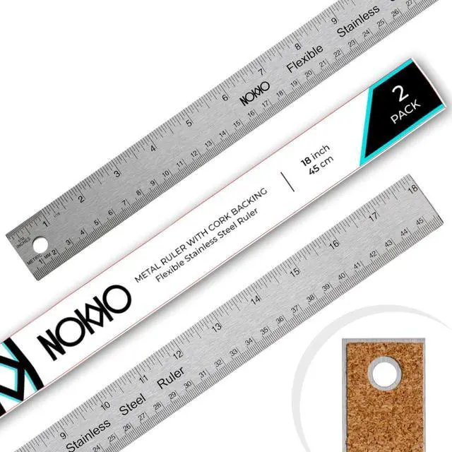 Main image of 18 Inch Metal Ruler with Cork Backing, Pack of 2 - Stainless Steel Straight Edge Ruler with Inches and Centimeters, Non-Slip Cork Back for Precision Measurement and Stability