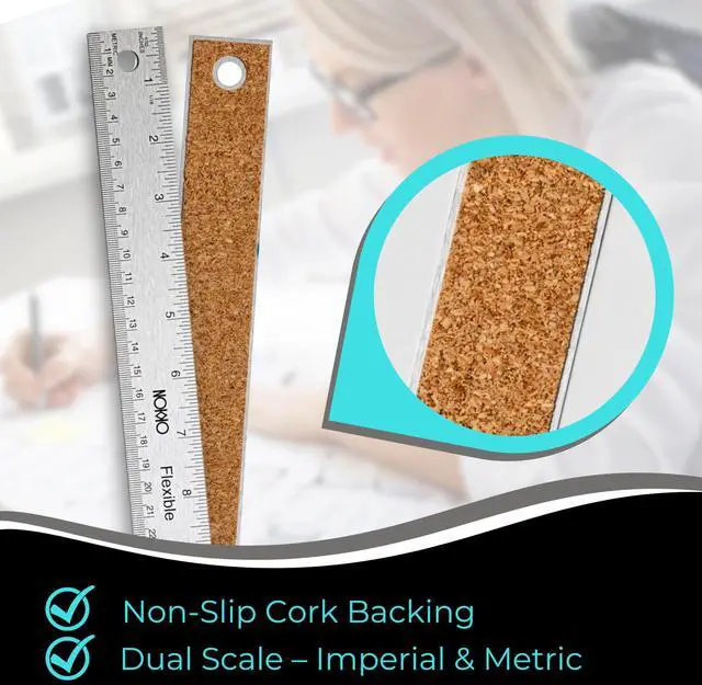 Alt view image 4 of 7 - 18 Inch Metal Ruler with Cork Backing, Pack of 2 - Stainless Steel Straight Edge Ruler with Inches and Centimeters, Non-Slip Cork Back for Precision Measurement and Stability