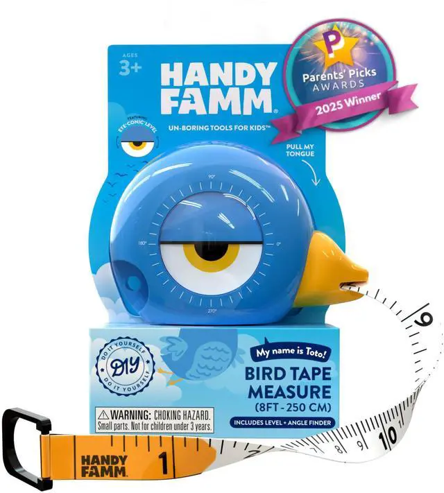 Main image of Kids Tape Measure 8ft Blue Bird Retractable Measuring Tape with Level & Protractor, STEM Montessori Tool, Toddler Safe, Gift for Boys & Girls Ages 3+