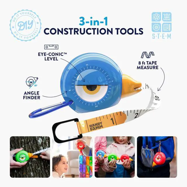 Alt view image 2 of 7 - Kids Tape Measure 8ft Blue Bird Retractable Measuring Tape with Level & Protractor, STEM Montessori Tool, Toddler Safe, Gift for Boys & Girls Ages 3+