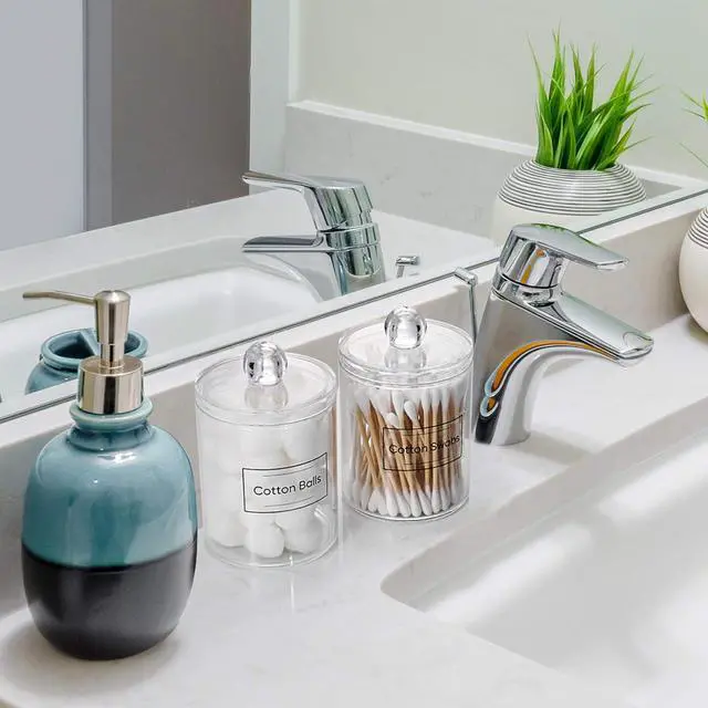 Main image of 2 Pack Acrylic Qtip Holder Dispenser for Cotton Swabs, Balls, Floss Picks