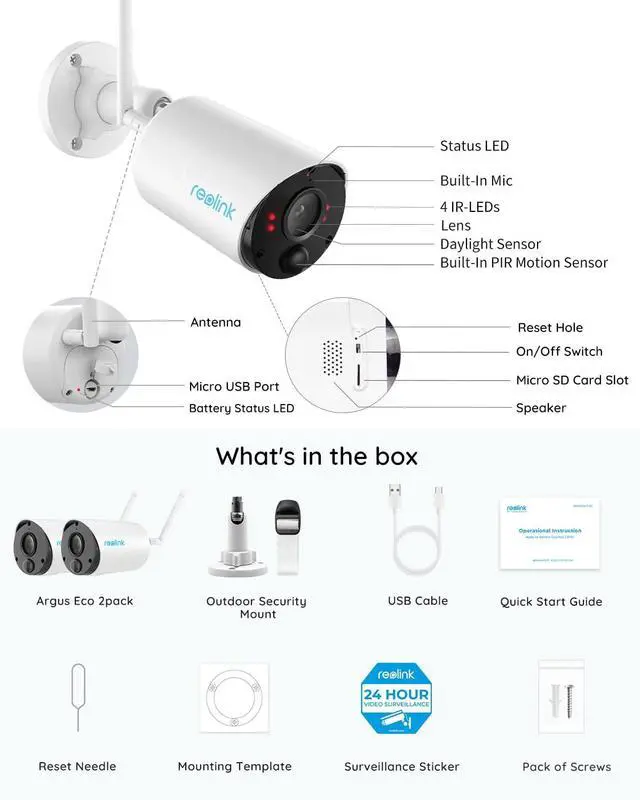 Alt view image 14 of 14 - Reolink Wireless Security Camera Outdoor 3MP HD, Rechargeable Battery-Powered, 2.4GHz WiFi, Night Vision, 2-Way Talk, Works with Alexa, Local SD Storage Smart Alarm - Argus Eco