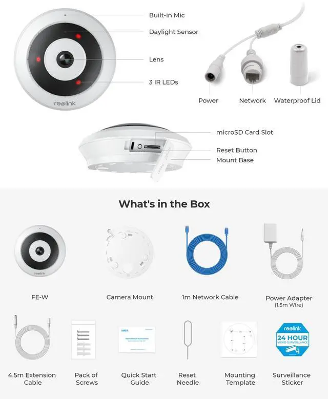 Alt view image 13 of 13 - REOLINK FE-W (White) WiFi Indoor Security Fisheye Camera, 2K+ 6MP 360° Panorama, 2.4/5GHz WiFi, Two-Way Audio, Person Motion Detection, Ceiling/Wall/Desk Mount, Supports up to 512GB microSD