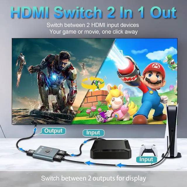 Alt view image 2 of 7 - 4K 120Hz HDMI Switch, 8K 60Hz HDMI 2.1 Bi-Directional 2-in-1/1-in-2 Switcher Splitter, Aluminum HDMI Selector 48Gbps High Resolution Switch Capable for Gaming, PS5, Xbox, HDR10, Dolby Vision