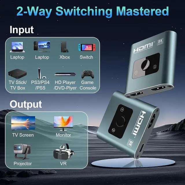 Alt view image 7 of 7 - 4K 120Hz HDMI Switch, 8K 60Hz HDMI 2.1 Bi-Directional 2-in-1/1-in-2 Switcher Splitter, Aluminum HDMI Selector 48Gbps High Resolution Switch Capable for Gaming, PS5, Xbox, HDR10, Dolby Vision