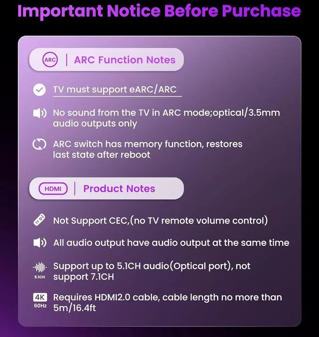 Alt view image 3 of 7 - HDMI eARC/ARC Audio Extractor 4K@60Hz, HDMI to Optical Toslink SPDIF & 3.5mm AUX Stereo Audio Converter Splitter, HDCP 2.2, PCM/DTS 5.1