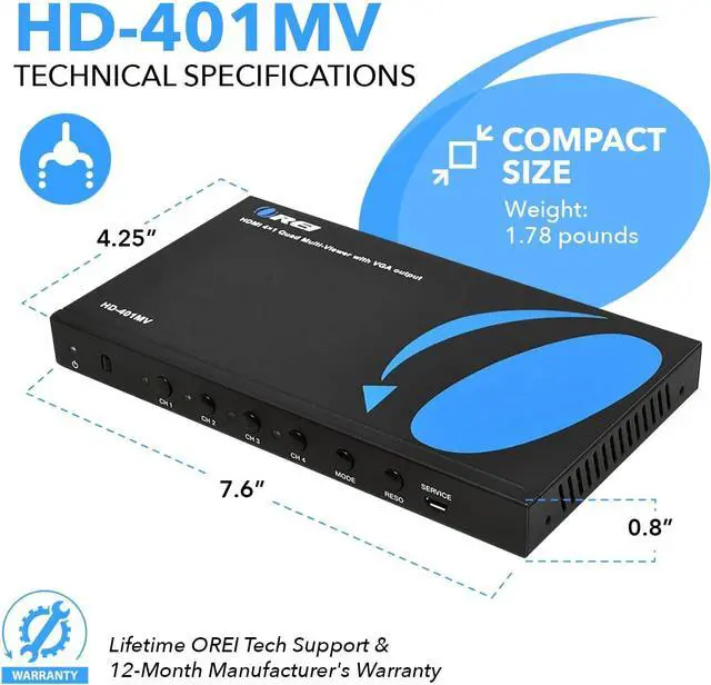 Alt view image 5 of 7 - HDMI Switcher 4 in 1 Out with Quad Screen Multiviewer - Supports 1080p, DTS/Dolby Audio, IR Remote Control, Seamless Switching, Compatible with HDMI Devices