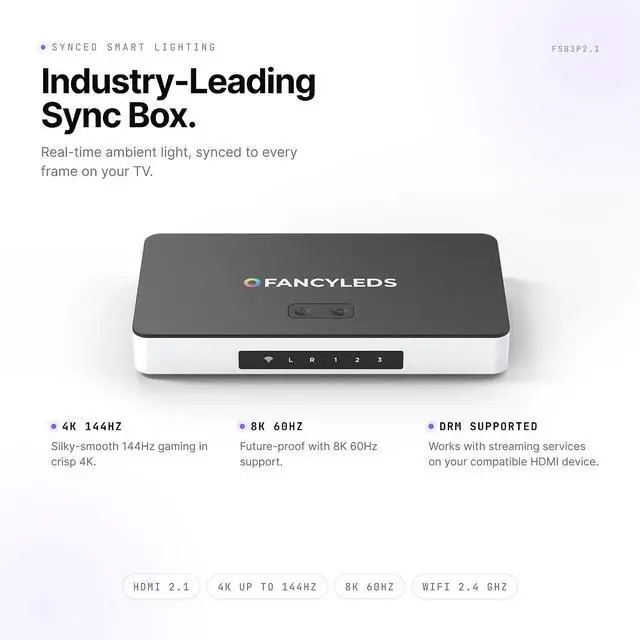 Alt view image 2 of 7 - 3 Port 2.1 Fancy Sync Box Streaming Media Player TV LED Synced Backlight with HDMI 2.1, 4K 120Hz, 144Hz, 8K 60Hz, VRR, ALLM, 96 RGBW LEDs Per Meter Ambient Lighting (for 70" to 95" TVs)