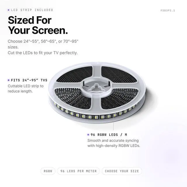 Alt view image 6 of 7 - 3 Port 2.1 Fancy Sync Box Streaming Media Player TV LED Synced Backlight with HDMI 2.1, 4K 120Hz, 144Hz, 8K 60Hz, VRR, ALLM, 96 RGBW LEDs Per Meter Ambient Lighting (for 70" to 95" TVs)