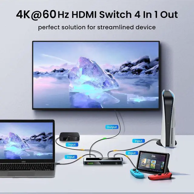 Alt view image 2 of 7 - HDMI Switch 4 in 1 Out 4K@60Hz, Aluminum 4-Port HDMI Switcher Splitter with Remote, Supports HDR10 Dolby Vision HDCP 2.2 18Gbps 3D for TV PS5 Xbox Laptop Projector Fire Stick