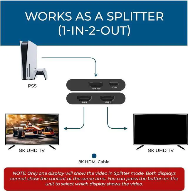 Alt view image 4 of 7 - 8K Bi-Directional HDMI Switch 2x1/1x2 8K@60Hz, 4K@60Hz, 40Gbps, HDCP 2.3, HDR10+, Dolby Vision (UHDS-212)