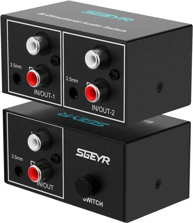 Main image of RCA Switch 2 in 1 Out RCA switcher Selector 3.5mm Aux + RCA L/R Bi-Directional Stereo Audio Switcher A/B Analog Audio Switcher Black Metal Case