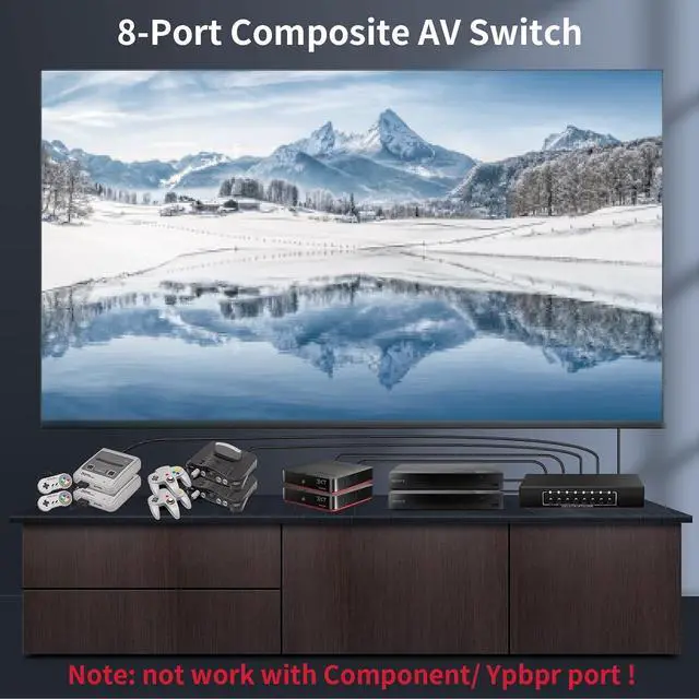 Alt view image 4 of 7 - RCA Switch 8 in 1 Out Composite Video L/R Audio Selector Box 8X1, 8-Way RCA Switcher - 8 Port AV Selector Switch - Plug & Play for Wii PS2 Xbox DVD STB HDTV
