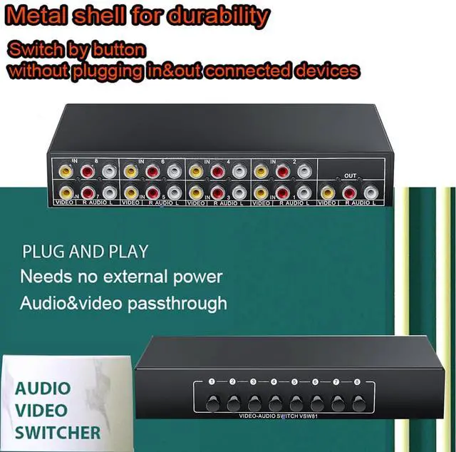 Alt view image 6 of 7 - RCA Switch 8 in 1 Out Composite Video L/R Audio Selector Box 8X1, 8-Way RCA Switcher - 8 Port AV Selector Switch - Plug & Play for Wii PS2 Xbox DVD STB HDTV