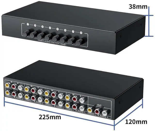 Alt view image 7 of 7 - RCA Switch 8 in 1 Out Composite Video L/R Audio Selector Box 8X1, 8-Way RCA Switcher - 8 Port AV Selector Switch - Plug & Play for Wii PS2 Xbox DVD STB HDTV
