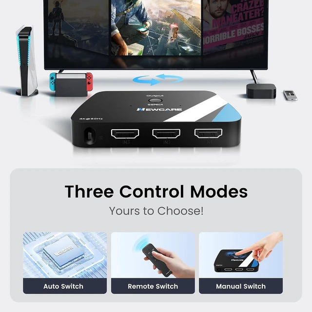 Alt view image 3 of 7 - NEWCARE HDMI Switch 3 in 1 Out, 4K@60Hz with Remote, HDR10+ Dolby VRR 3D
