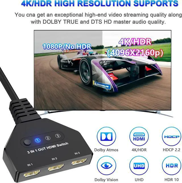 Alt view image 2 of 7 - HDMI Switch 3 in 1 Out, 4K@30hz HDMI Splitter, 3 Ports HDMI Switcher Supports Full HD 1080P 3D Compatible with Roku Fire TV Stick HDTV PS4/PS5 Xbox One Chromecast, Compatible with Mac/Win/Linux