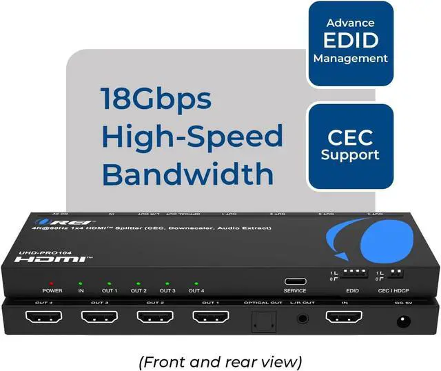 Alt view image 2 of 7 - 1x4 HDMI Splitter 4K 60Hz with Audio Extractor HDMI 2.0b Splitter 1 in 4 Out with 4K to 1080p Downscaling, HDR10+, Dolby Vision, HDCP 2.3, Optical & 3.5mm Audio Out