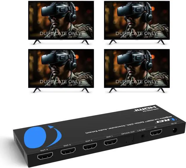 Main image of 1x4 HDMI Splitter 4K 60Hz with Audio Extractor HDMI 2.0b Splitter 1 in 4 Out with 4K to 1080p Downscaling, HDR10+, Dolby Vision, HDCP 2.3, Optical & 3.5mm Audio Out