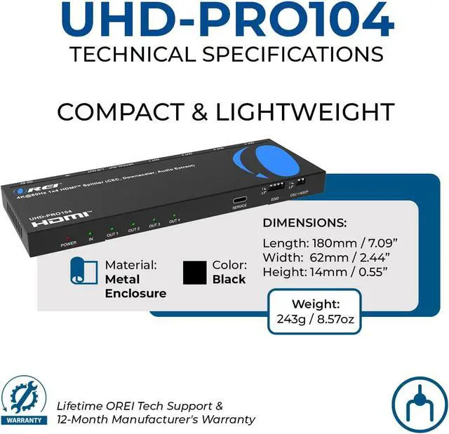 Alt view image 6 of 7 - 1x4 HDMI Splitter 4K 60Hz with Audio Extractor HDMI 2.0b Splitter 1 in 4 Out with 4K to 1080p Downscaling, HDR10+, Dolby Vision, HDCP 2.3, Optical & 3.5mm Audio Out