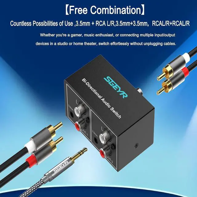 Alt view image 7 of 7 - RCA Switch 2 in 1 Out RCA switcher Selector 3.5mm Aux + RCA L/R Bi-Directional Stereo Audio Switcher A/B Analog Audio Switcher Black Metal Case