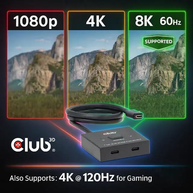 Alt view image 3 of 7 - Club 3D USB C Switch 8K 60Hz Bi-Directional - 2 Computers to 1 Monitor or 1 PC to 2 Displays - USB-C Video Switch with 100W Power Delivery Passthrough for MacBook Pro, Laptop, Thunderbolt