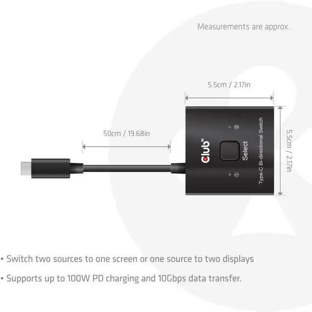 Alt view image 5 of 7 - Club 3D USB C Switch 8K 60Hz Bi-Directional - 2 Computers to 1 Monitor or 1 PC to 2 Displays - USB-C Video Switch with 100W Power Delivery Passthrough for MacBook Pro, Laptop, Thunderbolt