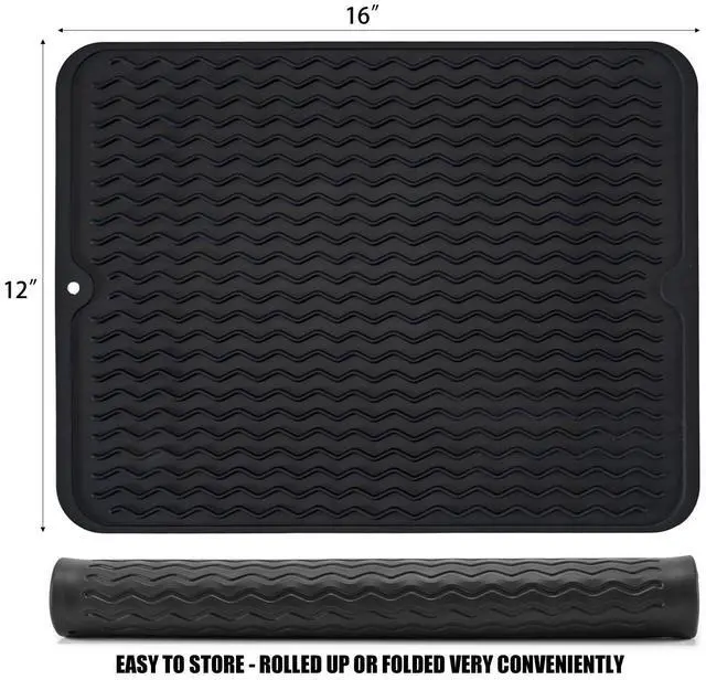 Alt view image 2 of 7 - Silicone Dish Drying Mat, Non-Slip Easy Clean Sink Mat Large Heat-resistant Dish Drainer Mat for Kitchen Counter, Sink, Refrigerator or Drawer liner (16" x 12", BLACK)