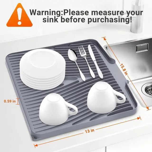 Alt view image 2 of 7 - Silicone Dish Drying Mat for Kitchen counter, 15.8"x13" Extra Large Non-Slip Drain Pad with Built-in Drainage, Heat Resistant Dishwasher Safe, Grey