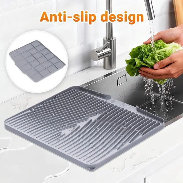 Alt view image 3 of 7 - Silicone Dish Drying Mat for Kitchen counter, 15.8"x13" Extra Large Non-Slip Drain Pad with Built-in Drainage, Heat Resistant Dishwasher Safe, Grey