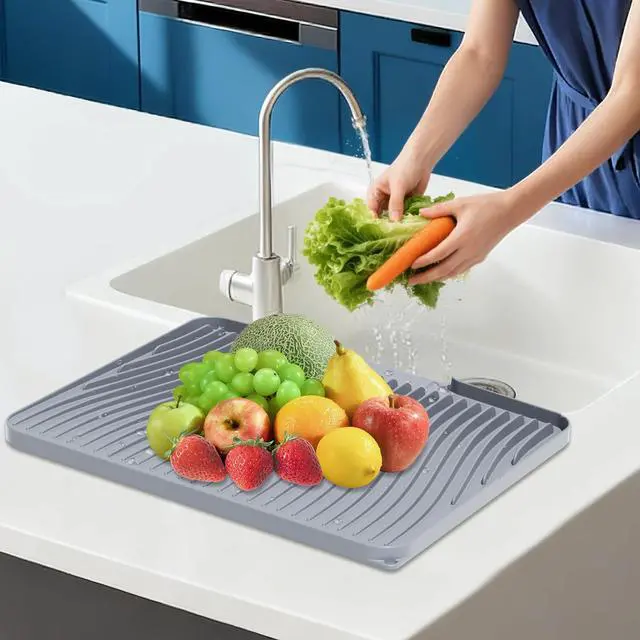 Alt view image 7 of 7 - Silicone Dish Drying Mat for Kitchen counter, 15.8"x13" Extra Large Non-Slip Drain Pad with Built-in Drainage, Heat Resistant Dishwasher Safe, Grey
