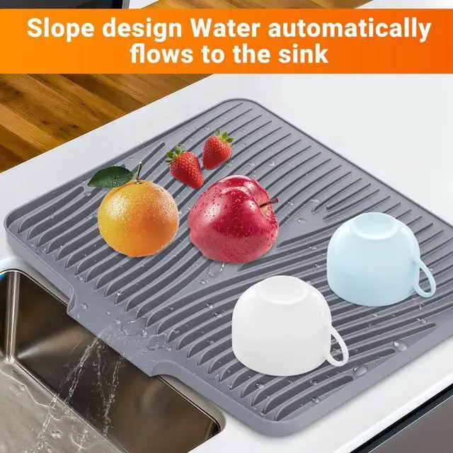 Alt view image 4 of 7 - Silicone Dish Drying Mat for Kitchen counter, 15.8"x13" Extra Large Non-Slip Drain Pad with Built-in Drainage, Heat Resistant Dishwasher Safe, Grey