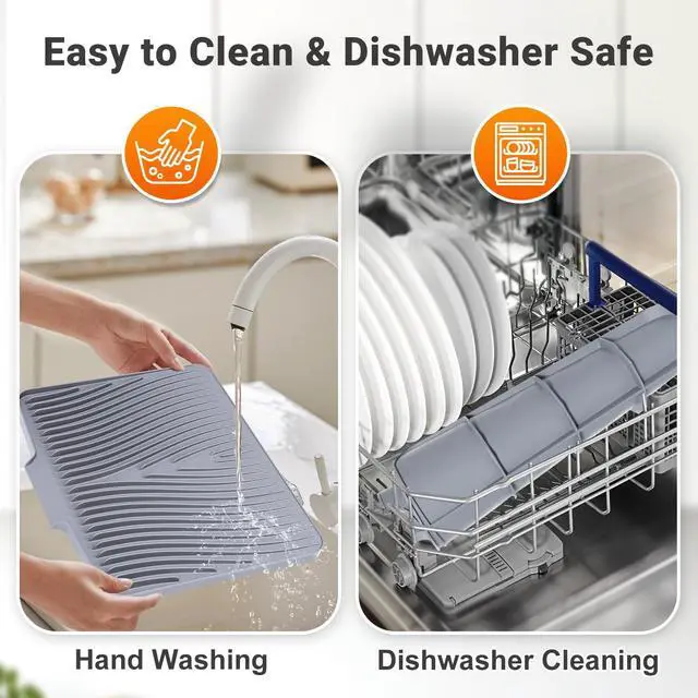 Alt view image 5 of 7 - Silicone Dish Drying Mat for Kitchen counter, 15.8"x13" Extra Large Non-Slip Drain Pad with Built-in Drainage, Heat Resistant Dishwasher Safe, Grey